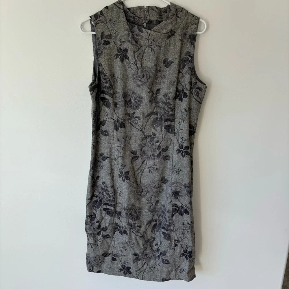 Talbots Wool Blend Shift Dress Midi Sheath Cowl Neck Gray Floral Career Formal